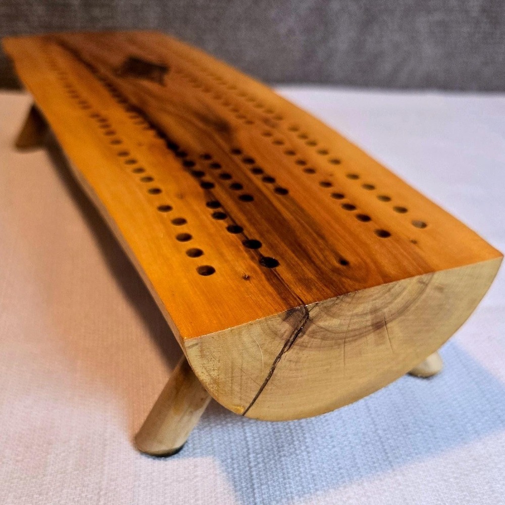Handmade Rustic Live Edge Wood Cribbage Board 12 Inch 2 Track Log Style Elevated